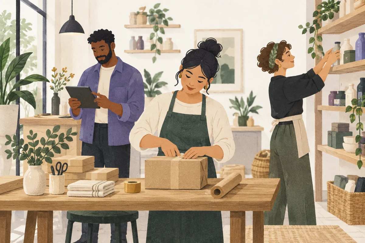 Illustration of a happy shop team packing orders and arranging products
