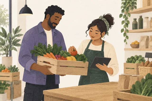Illustration of a supplier and shop owner choosing products together