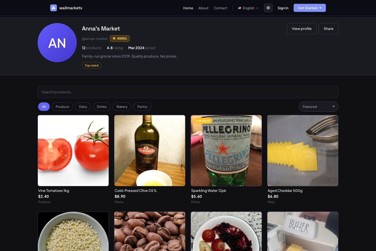 Example storefront showing products, prices, and categories