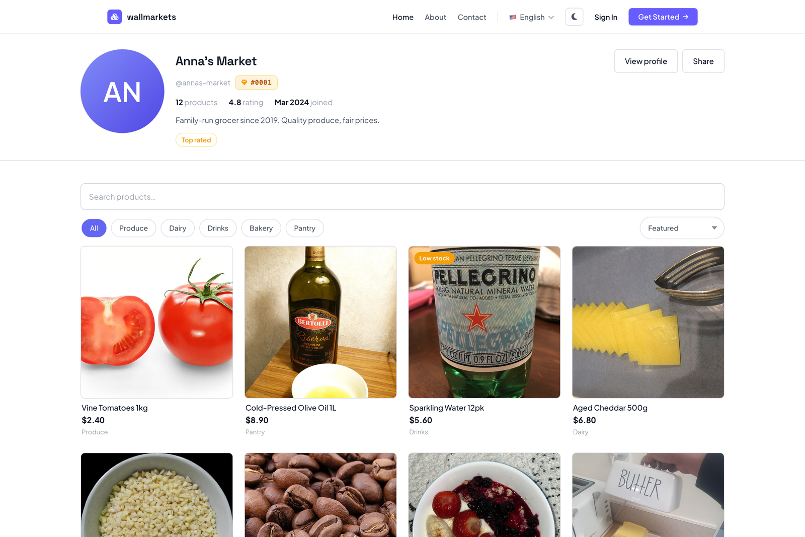 Example storefront showing products, prices, and categories